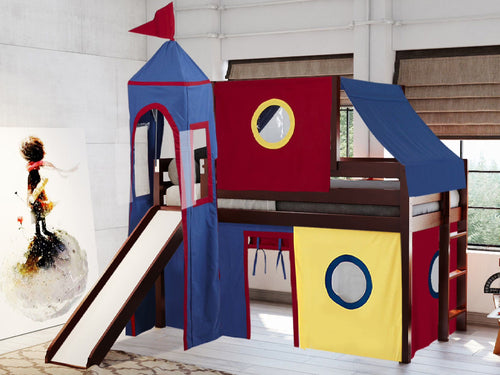 JACKPOT! Castle Low Loft Bed with Slide, Red Yellow and Blue Tent and Tower, Twin, Cherry