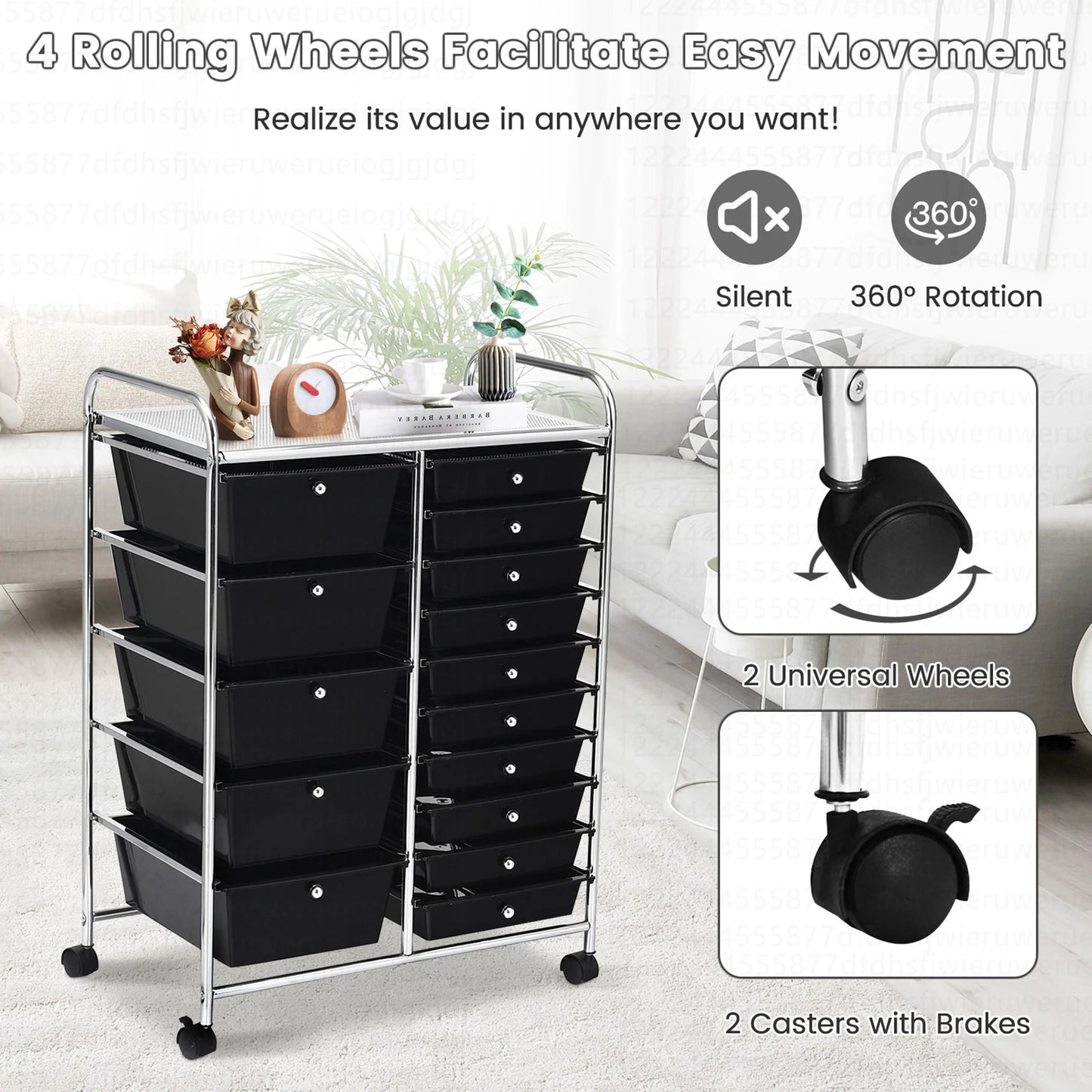 Costway 15 Drawer Rolling Storage Cart Tools Scrapbook Paper Office School Organizer White
