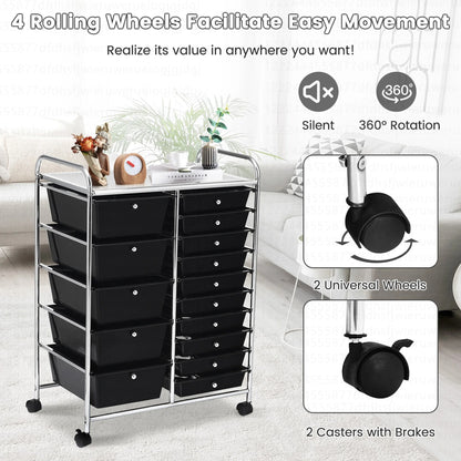 Costway 15 Drawer Rolling Storage Cart Tools Scrapbook Paper Office School Organizer White