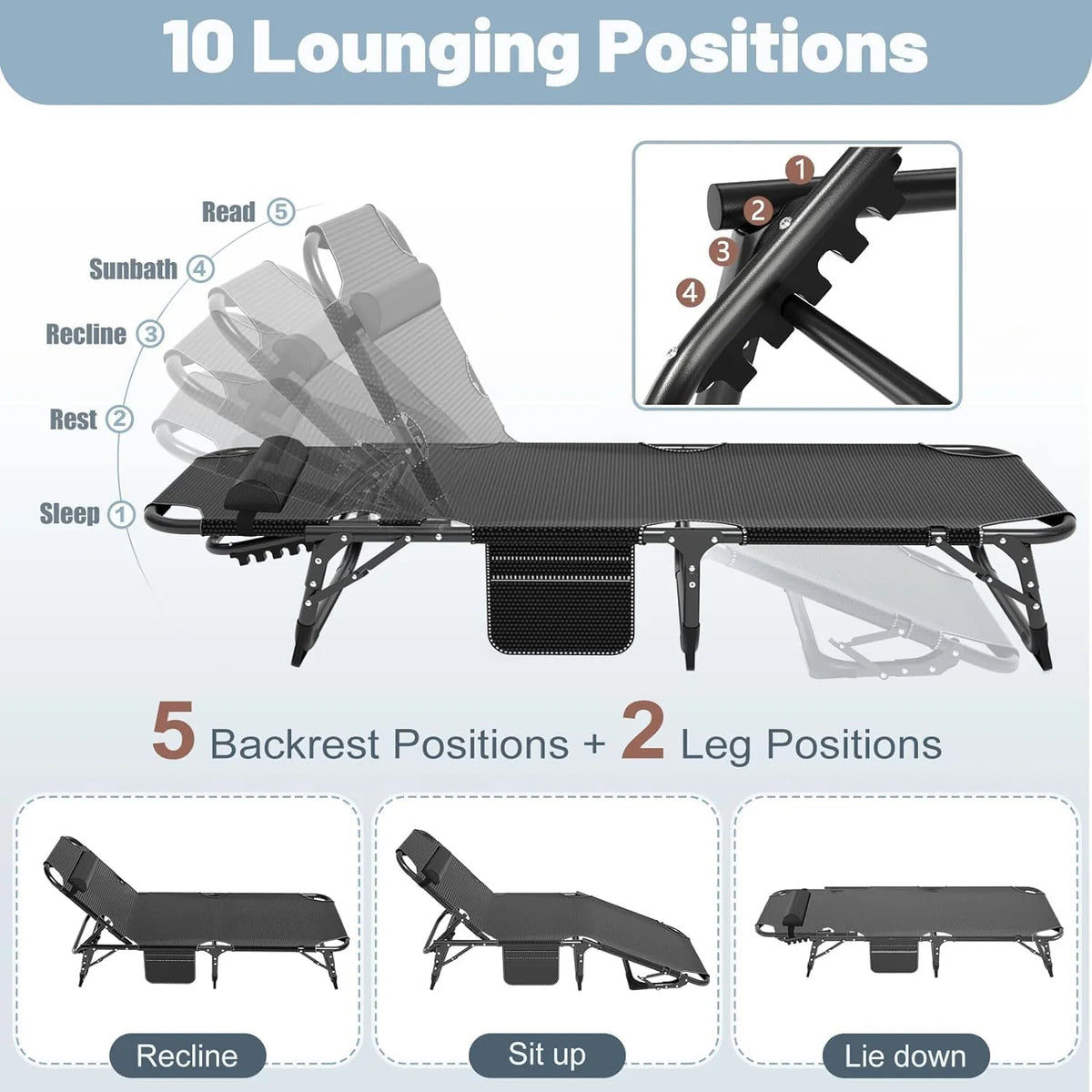 Slsy Folding Lounge Chair, 5-Position Adjustable Outdoor Reclining Chair, Folding Sleeping Bed Cot, Folding Chaise Lounge Chair for Pool Beach Patio Sunbathing