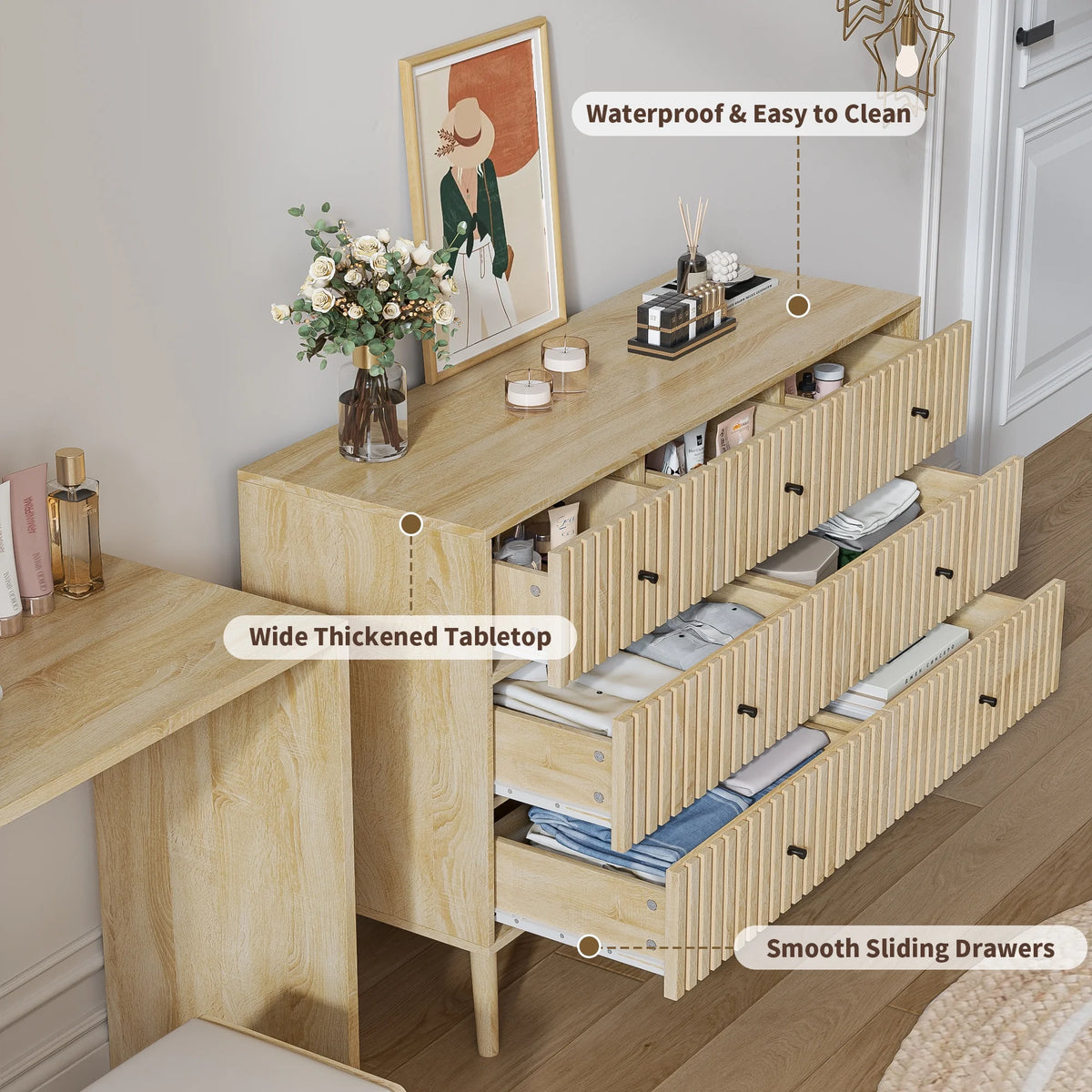 Oubayajia 7 Drawer Double Dresser, Fluted Chest of Drawers, Wood Storage Cabinet for Bedroom, Living Room, Hallway, Walnut