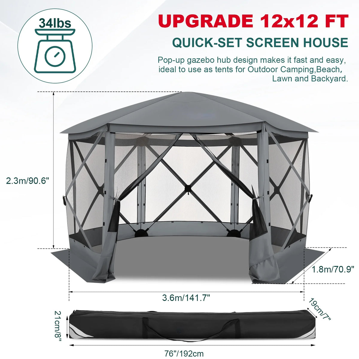 HOTEEL 12x12 Portable Pop-Up Outdoor Camping Gazebo, Screen Tent with Mosquito Nettings, Waterproof, UV, Bite Proof, Removable top Glamping Canopy with Carry Bag, Gray