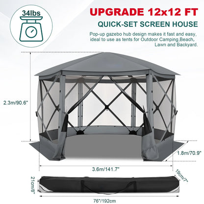 HOTEEL 12x12 Portable Pop-Up Outdoor Camping Gazebo, Screen Tent with Mosquito Nettings, Waterproof, UV, Bite Proof, Removable top Glamping Canopy with Carry Bag, Gray