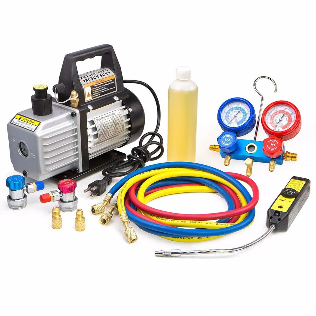AC Repair Complete Set Vacuum Pump HVAC A/C Refrigeration Manifold Gauge R134 Tap & Leak Detector Carrying Bag