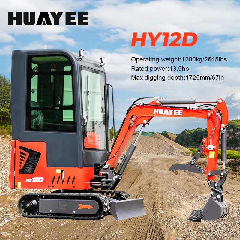 HUAYEE 1.4 Ton Cab Version Mini Excavator - HY12D, with 13.5 HP B&S Gasoline Engine, Swing Function, Mechanical Thumb Clamp, Mechanical Quick - Change, Hydraulic cooler, Electric Fan, In-stock in US