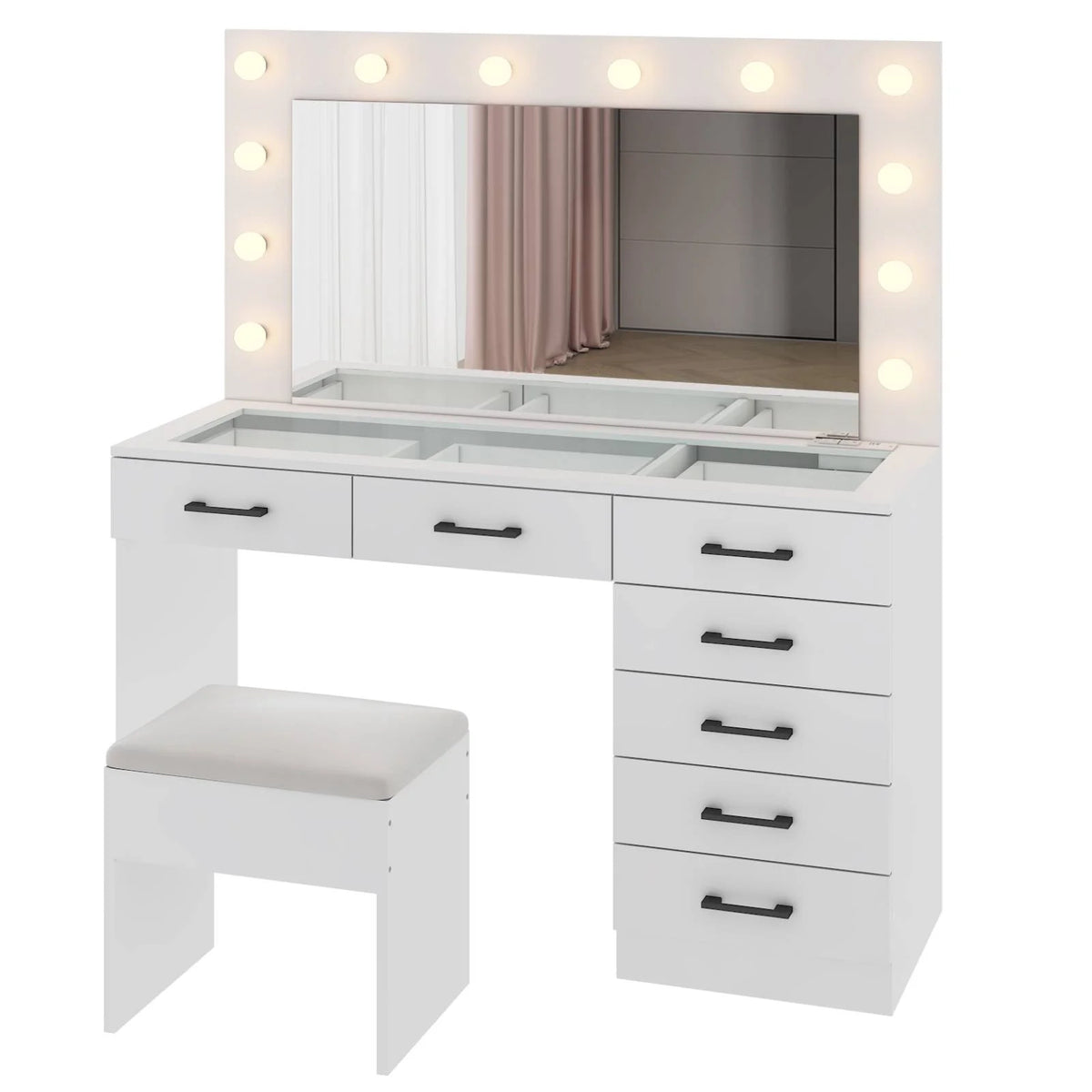 Ktaxon Large Makeup Vanity, Vanity Table Set w/ Visible Glass Top w/ Charging Station, White