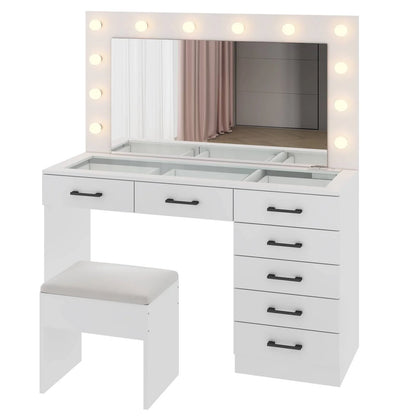 Ktaxon Large Makeup Vanity, Vanity Table Set w/ Visible Glass Top w/ Charging Station, White