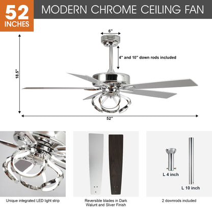 Parrot Uncle 52-Inch Contemporary Chrome Ceiling Fan with Integrated LED Lights and Remote Control