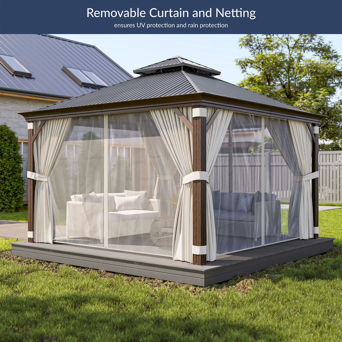 BELLEZE 12 x 16ft Hardtop Gazebo, Widen Pole Outdoor Canopy, Aluminium Frame Galvanized Steel Double Roof Waterproof Gazebo Tent with Nettings and Curtains for Patio, Backyard, Deck, Lawns, Garden