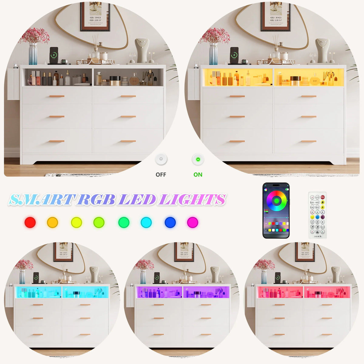 White Dresser for Bedroom,6 Drawers Dresserwith LED Lights and Charging Station, 47" Wide Bedroom Dresser Chest of Drawers Storage Organizer TV Stand for up to 55" TV for Living Room