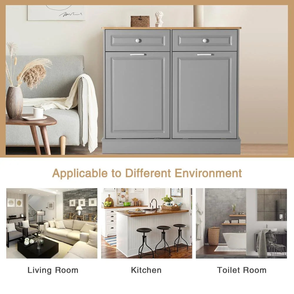 Eclife 20 Gallons Double Tilt Out Trash Cabinet Wood Tabletop, Upgrade Gray, WB010GY