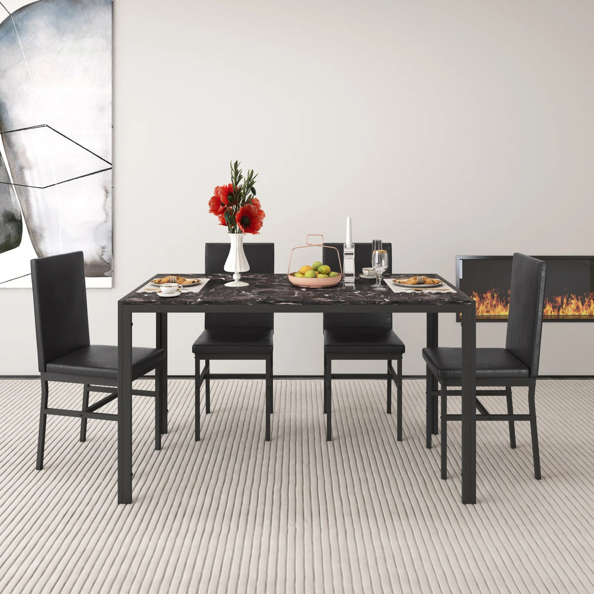 5 Piece Dining Set, Modern Dining Table and Chairs Set for 4, Counter Height Bar Table Set, Modern Pub Table with 4 Velvet Fabric Cushioned Stools, Faux Marble Dining Table & Stools Set, D9297