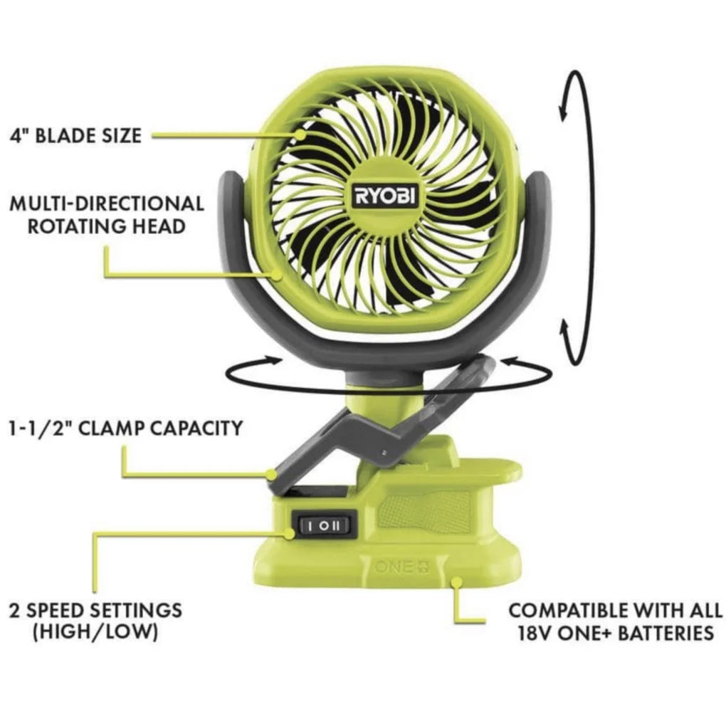 Ryobi 3-Tool Camping Kit Bundle with Compact Area Light, Bluetooth Speaker, 4 inch Clamp Fan, 18-Volt 1.5 Ah Lithium-ion Battery, Charger and 16 inch Buho Tool Bag