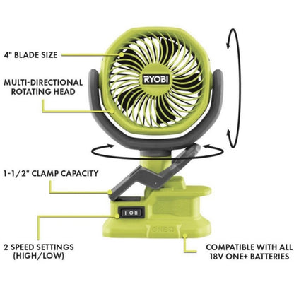 Ryobi 3-Tool Camping Kit Bundle with Compact Area Light, Bluetooth Speaker, 4 inch Clamp Fan, 18-Volt 1.5 Ah Lithium-ion Battery, Charger and 16 inch Buho Tool Bag
