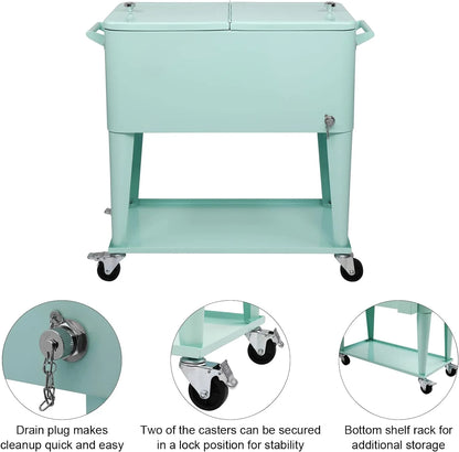 80 Quart Rolling Ice Chest, Portable Bar Drink Cooler with Catch Basin, Bottom Storage Tray and Bottle Opener for Patio Party BBQ Beach Activities