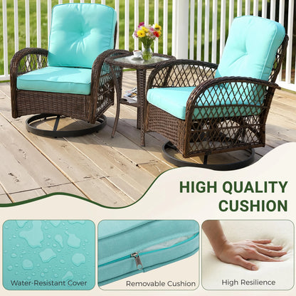 3 Piece Patio Swivel Rocker Chairs Set, 2 360-Degree Swivel Rocking Chairs with 1 Glass Top Table, PE Rattan Outdoor Bistro Set with Cushions for Balcony Deck Poolside Backyard Porch
