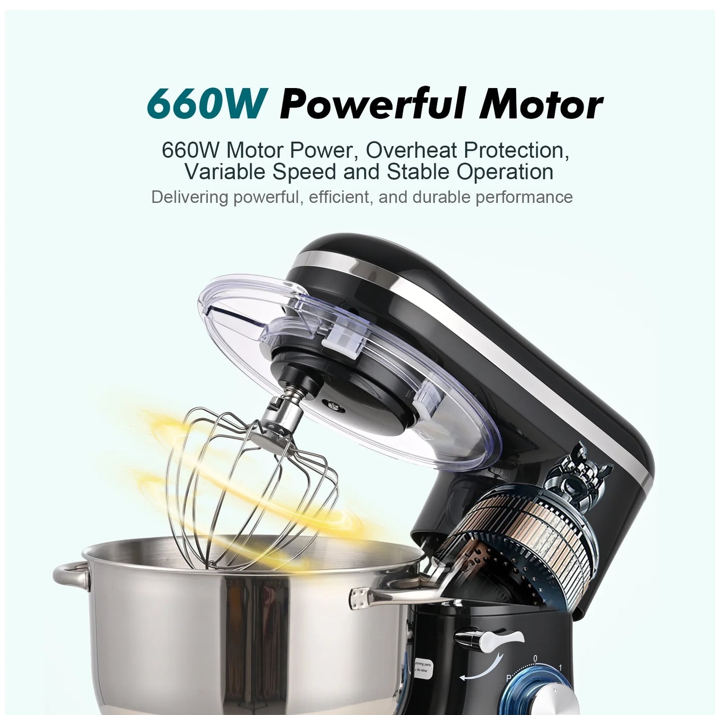 Kitchen in the box Tilt-Head Stand Mixer, Electric Kitchen Mixer with 6.5QT Stainless Steel Bowl, 660W Food Mixer with 6-Speed, Black