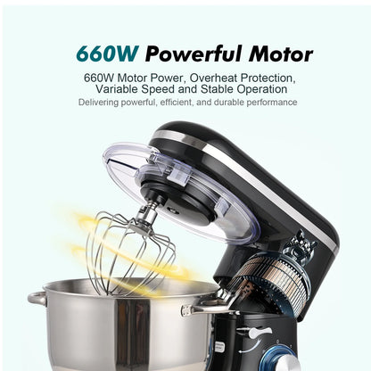 Kitchen in the box Tilt-Head Stand Mixer, Electric Kitchen Mixer with 6.5QT Stainless Steel Bowl, 660W Food Mixer with 6-Speed, Black