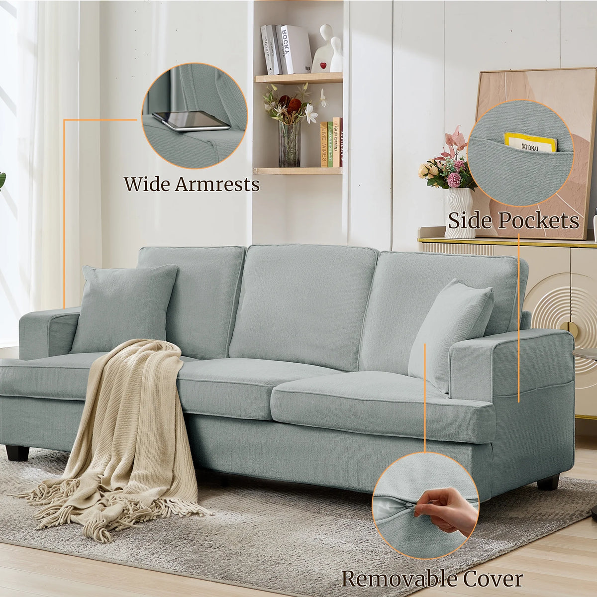Korser 89" Chenille Sofa 3 Seater Couch with Extra Upholstered Deep Seats for Living Room,Removable Cover,Beige