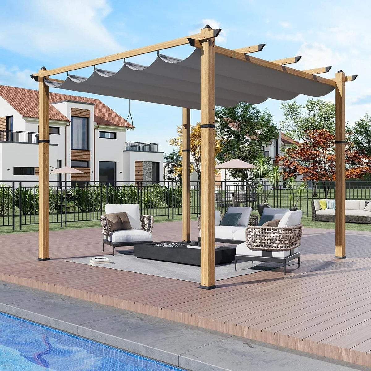 Outdoor Aluminum Pergola with Retractable Canopy, Reinforced 4-Sided Base, Waterproof & UV-Resistant Adjustable Roof, Modern Design for Patio, Deck, Backyard, and Garden