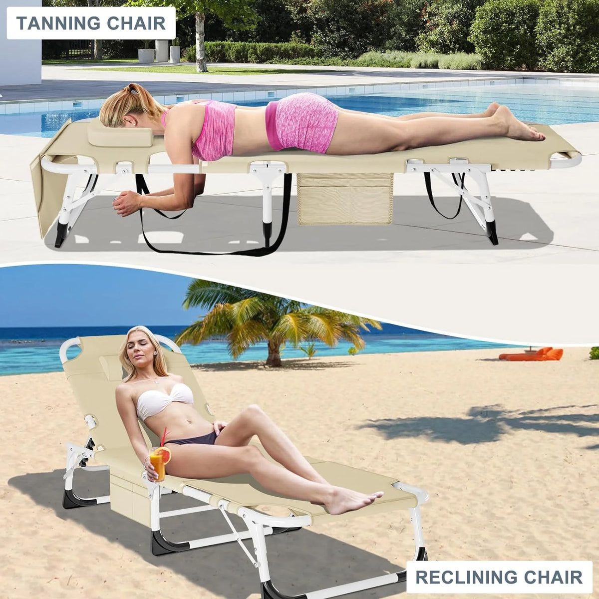 Slsy Folding Lounge Chair, 5-Position Adjustable Outdoor Reclining Chair, Folding Sleeping Bed Cot, Folding Chaise Lounge Chair for Pool Beach Patio Sunbathing
