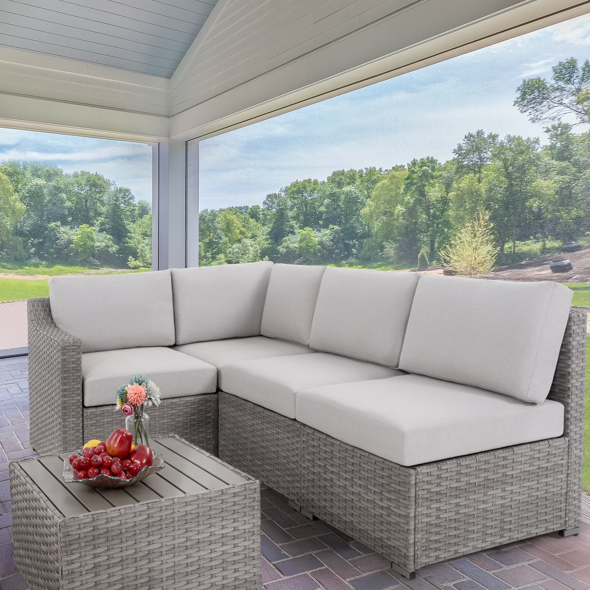 HAPPATIO 5-Piece Wicker Patio Conversation Set with Beige Cushions