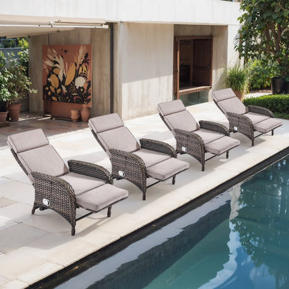 OPOHORO Outdoor Recliner Chair, Adjustable Reclining Patio Chair with Cushion, Wicker Outdoor Chaise Lounge with Adjustable Backrest and Footrest, Ideal for Pool Deck, Beige