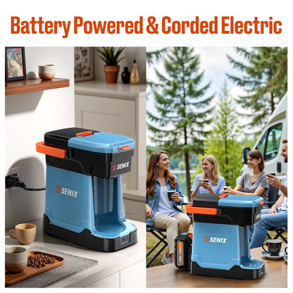 SENIX Single Serve Coffee Maker, Plug-in & Battery Coffee Machine, 8oz, Compatible with K-Cup, Grounds, Pods for Travel, Camping, Outdoor, Home, Job Sites �� Includes Battery & Charger