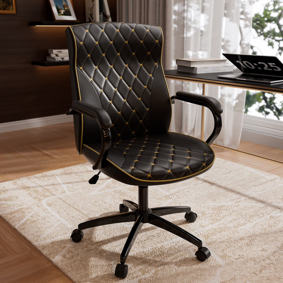 Ninecer White and Gold Office Chair with Soft Leather Embroidery, Mid Back Vintage Swivel Executive Desk Chair with Wheels and Padded Arms, Adjustable Height