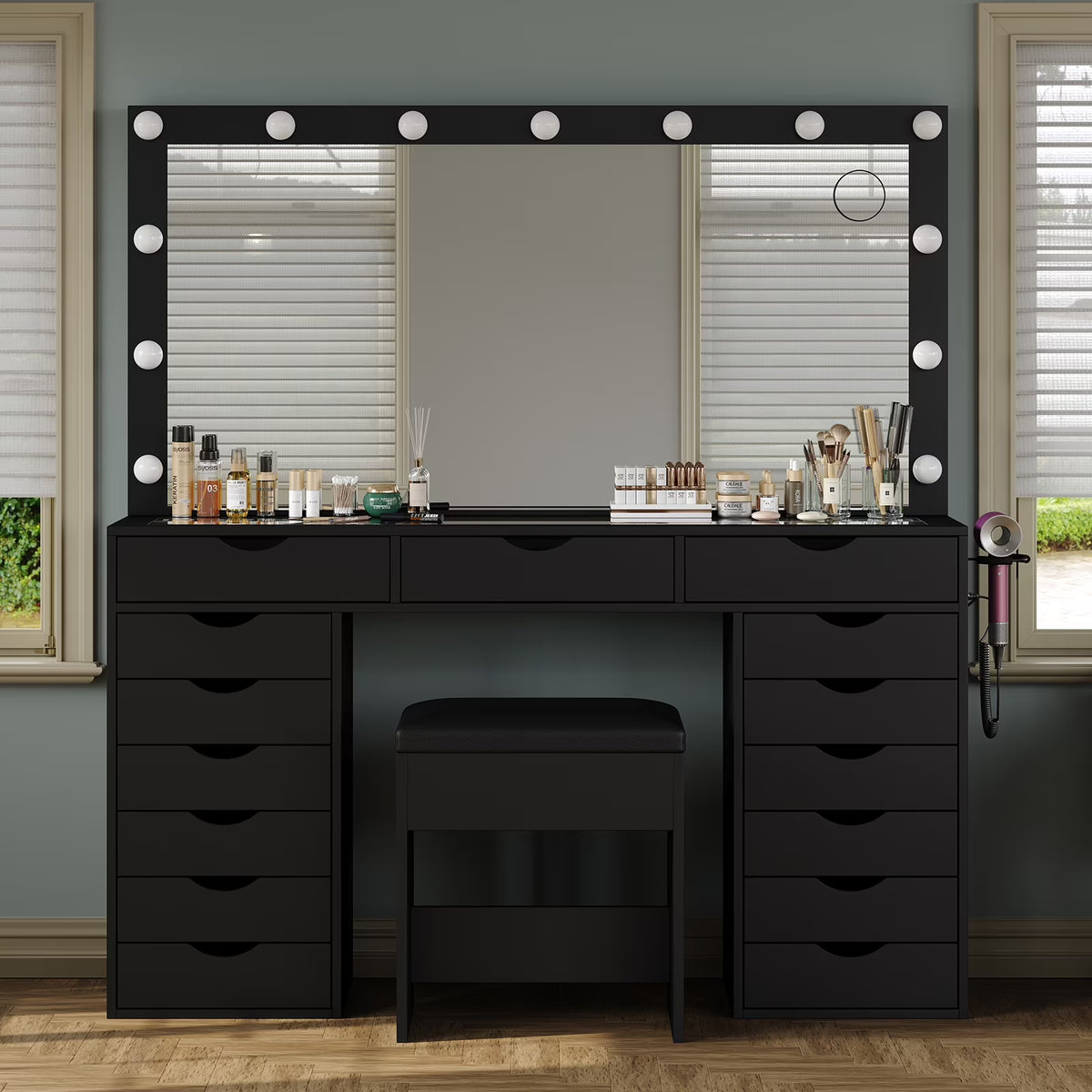 Yanosaku 15 Drawers Vanity Desk with Power Outlet, Makeup Table with Mirror and 13 LED Lights, 3 Color Lighting Modes, Brightness Adjustable, Glass Top Dressing Table, Vanity Set for Bedroom