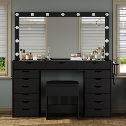 Yanosaku 15 Drawers Vanity Desk with Power Outlet, Makeup Table with Mirror and 13 LED Lights, 3 Color Lighting Modes, Brightness Adjustable, Glass Top Dressing Table, Vanity Set for Bedroom
