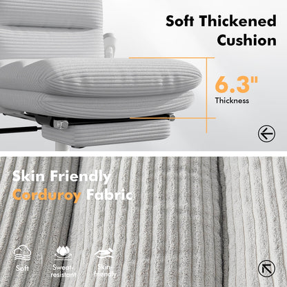 Solfway Criss Cross Chair with Wheels & Flip-up Arms, Executive Office Chair with Foot Rest, Swivel Cross Legged Office Chair, White Corduroy Fabric Comfy Computer Desk Chair, Vanity Chair for Home
