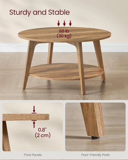VASAGLE Round Coffee Table, 2 Tier Coffee Table with Storage, for Living Room, 31.5 x 17.7 Inches, Easy to Assemble, Honey Brown