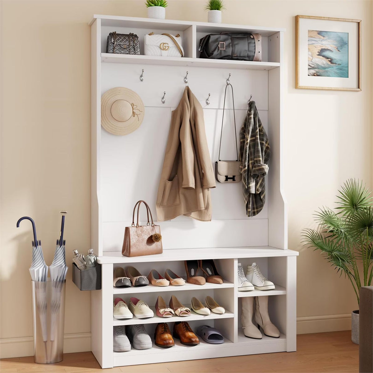 Lofka 5-in-1 Hall Tree with Bench and Shoe Storage, Entryway Hall Tree with Coat Rack, Adjustable Shoe Storage, 2-tier top storage,White