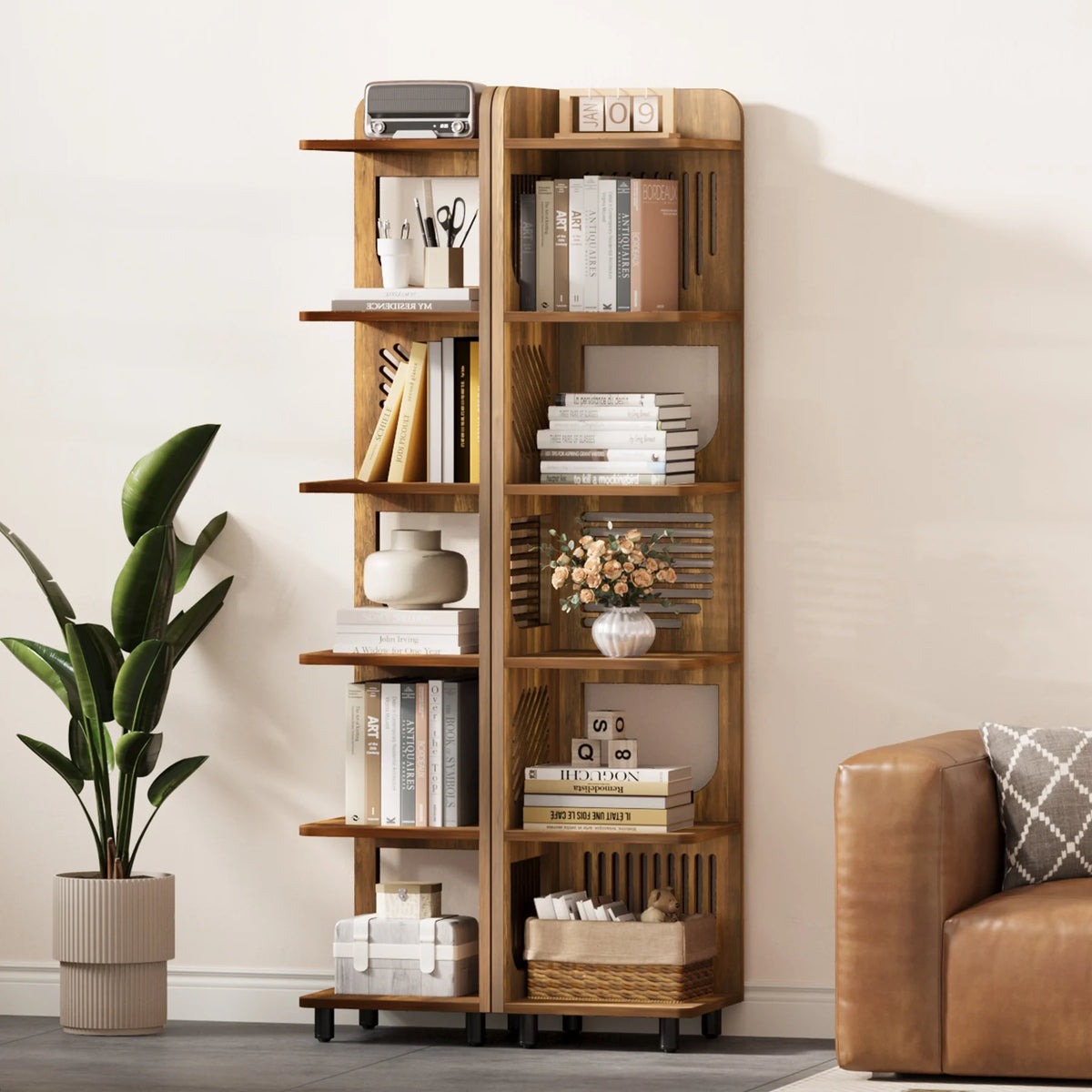 Fnova 71" 6-Tier Tall Corner Bookshelf, Rustic Wooden Narrow Corner Bookcase with Artistic Square Rack, Freestanding Display Storage Shelf for Space-Saving Home Organizing