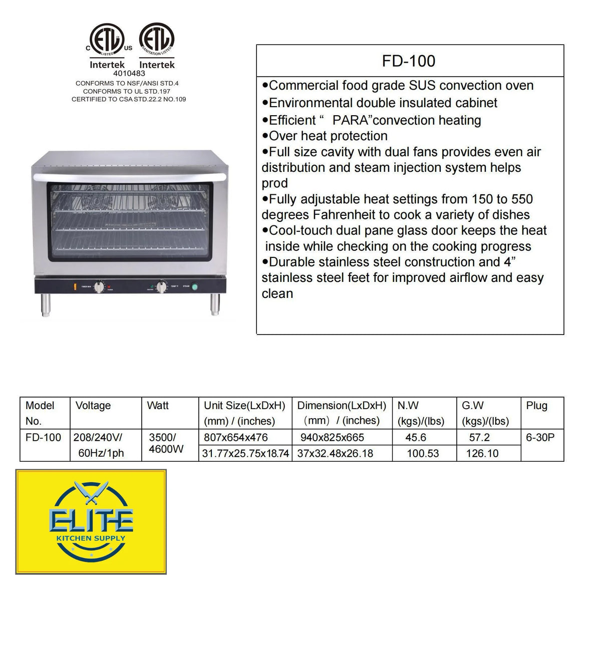 37in. Full Size Countertop Convection Oven, Commercial Oven, 208-240V NSF