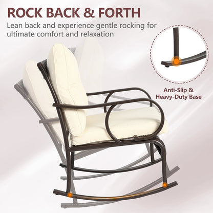Outdoor Conversation Set of 3, Outdoor Patio Rocking Chair Set with Cushions & Coffee Table, All Weather Wicker Patio Furniture Set, Ideal for Patio, Poolside, Yard, Deck, Coffee Bar