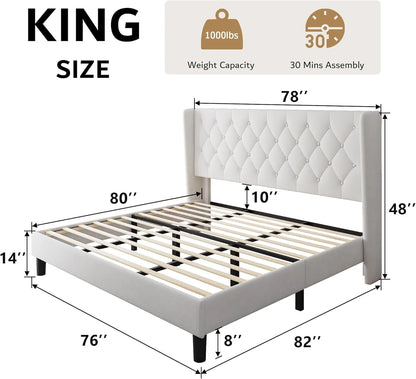 iPormis Full Size Bed Frame with Diamond Button Tufted Wingback Headboard, Upholstered Platform Bed Frame with Strong Wood Slat Support, No Box Spring Needed,Black