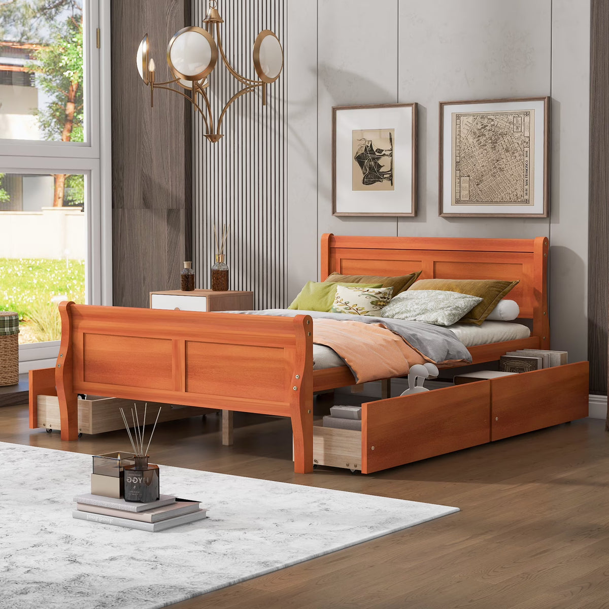 Full Size Wood Platform Bed with 4 Drawers,Storage Bed Frame with Streamlined Headboard and Footboard for Kids, Teens, Boys, Girls,Wooden Slats Support, No Box Spring Needed,Oak