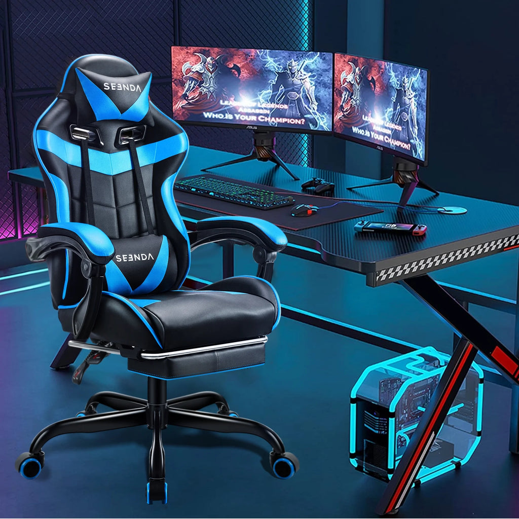 Gaming Chair, Seenda Video Game Chair with Footrest and Lumbar Support, Ergonomic Computer Chair Height Adjustable with Swivel Seat and Headrest, Red