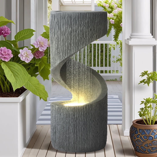 Magic Union Outdoor S-Shaped Water Fountain, Spiral Waterfall Indoor Fountain Outside Garden Decor with LED Lights & Pump, Curved Patio Resin Fountains for Yard, Deck, Porch and Home Decorations
