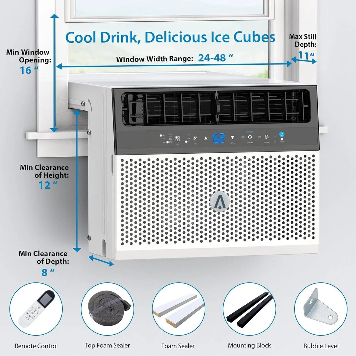 8000Btus Window Air Conditioner Over the Sill AC Up to 370 Sq.Ft With Remote & App