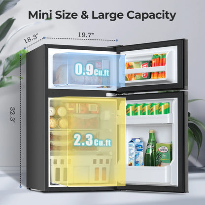 WAA Compact Refrigerator,3.2 Cu.Ft. Mini Separate Freezer Double 2-Door,Adjustable Removable Shelves for Basement, Apartment, Dorm, Office, Black