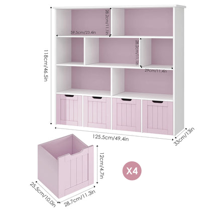 Homfa 7 Cube Toy Storage Organizer, Kids Geometric Bookcase and Bookshelf with 4 Drawers, White