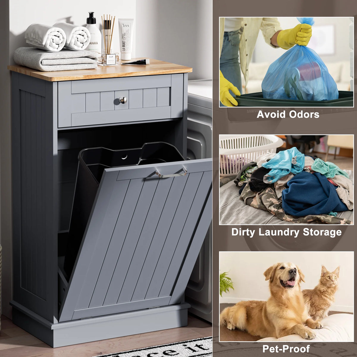 HARIPUL Single Tilt Out Trash Cabinet for 13 Gallon Waste Bin, Free Standing Kitchen Trash Can Cabinet with Drawers, White