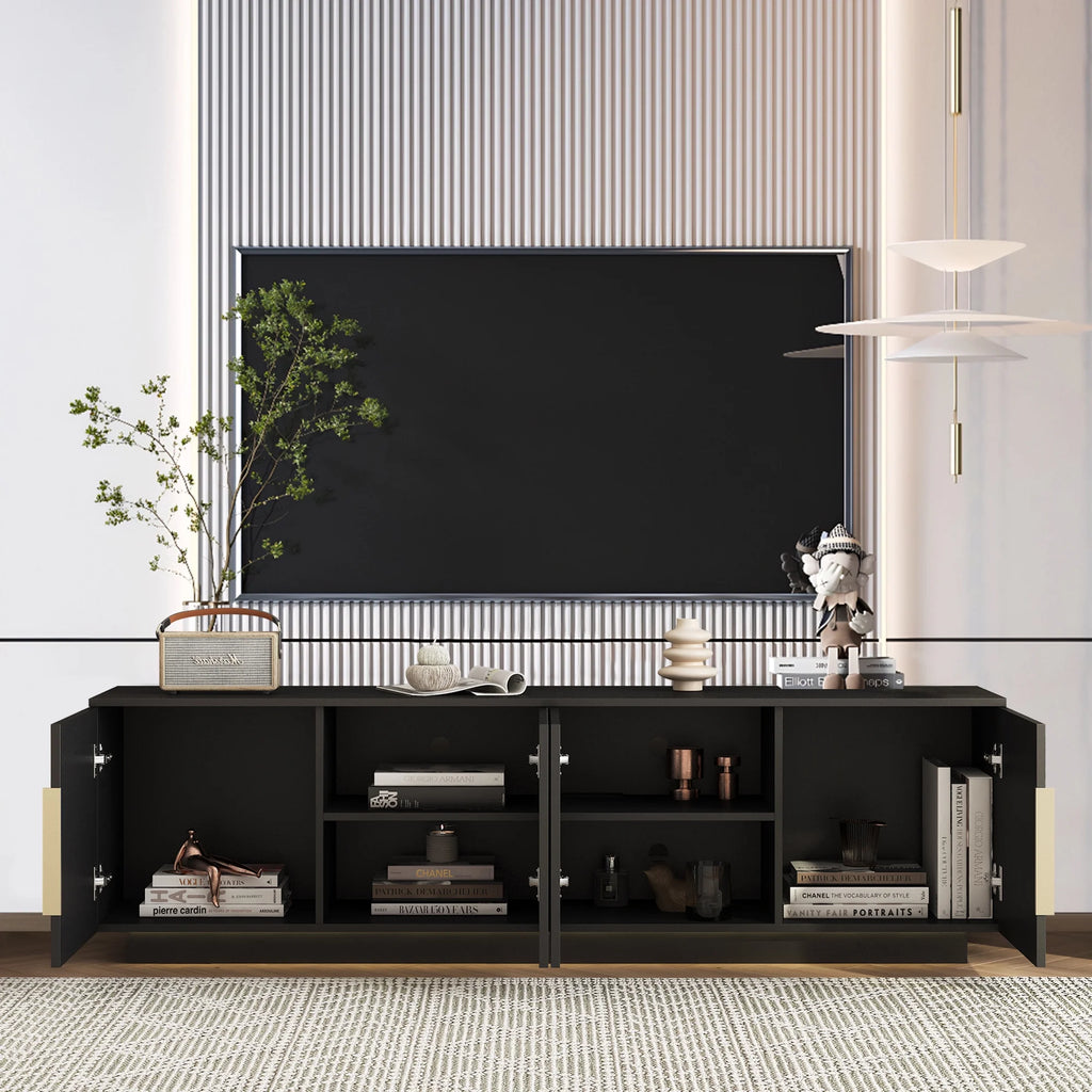 HIUU Fluted TV Stand Black,Black TV Console for Living Room,Mid Century Modern Entertainment Center 65 Inch TVs,Luxury Retro Console Table