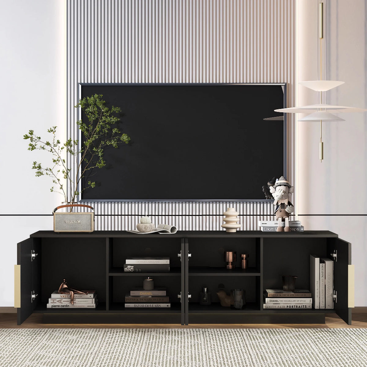 HIUU Fluted TV Stand Black,Black TV Console for Living Room,Mid Century Modern Entertainment Center 65 Inch TVs,Luxury Retro Console Table