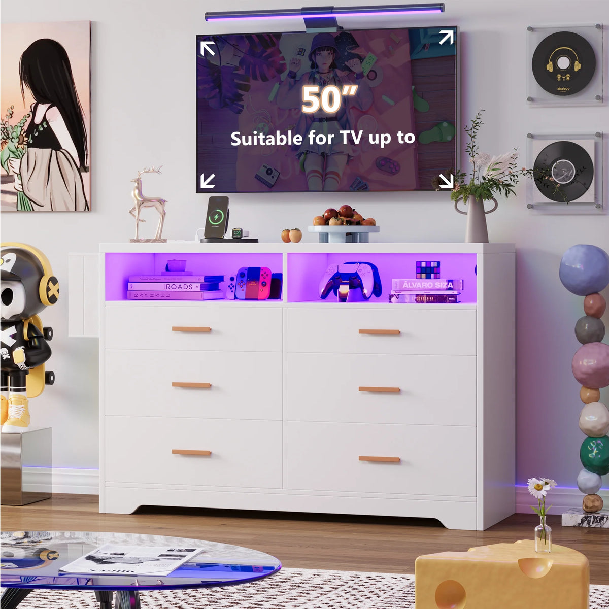 White Dresser for Bedroom,6 Drawers Dresserwith LED Lights and Charging Station, 47" Wide Bedroom Dresser Chest of Drawers Storage Organizer TV Stand for up to 55" TV for Living Room