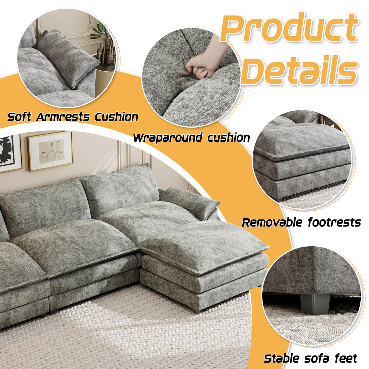 Homall Sectional Sofa 3-seat L-shaped Sofa with reversible toffee chair Movable Footrest Sofa,Gray