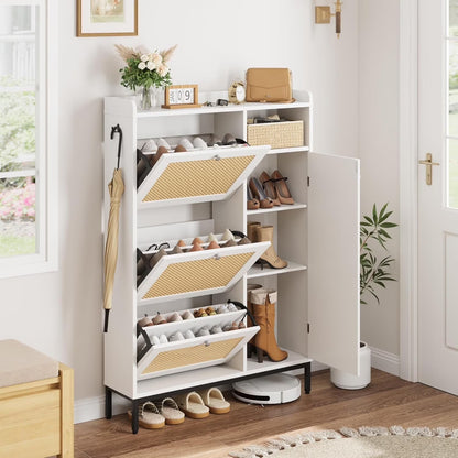 Garvee Rattan Shoe Storage Cabinet with Doors and 3 Flip Drawers, Freestanding Organizer with Adjustable Shelves for Entryway, Narrow Shoe Rack Cabinet for Hallway, Easy Assembly, Oak Color